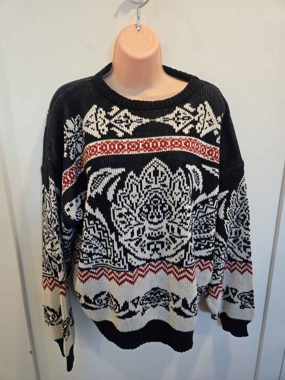 Vintage Northern Reflections Fair Isle Nordic Knit Sweater Black Red Cream Crew